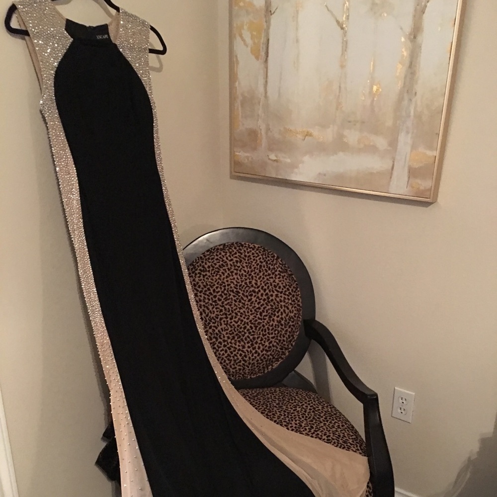 David's Bridal long black & gold